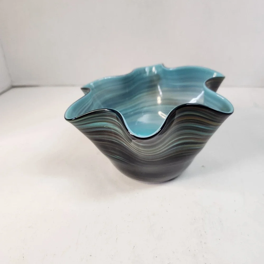 Vintage 3 Pc Murano-Style Art Glass Handkerchief Bowl Set Blue-Green Swirl Read